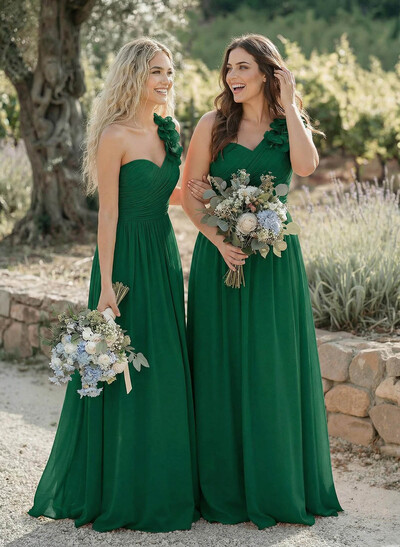 A-Line One-Shoulder Sweetheart Sleeveless Floor-Length Chiffon Bridesmaid Dresses With Flower