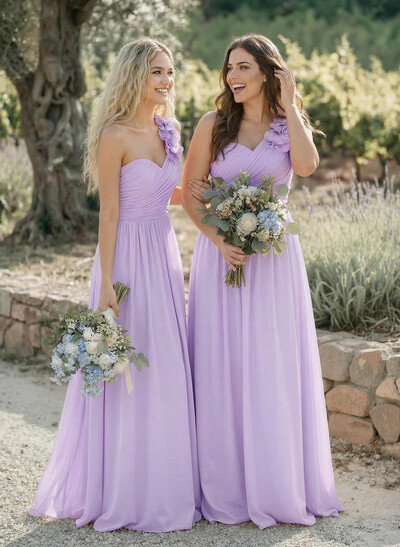 A-Line One-Shoulder Sweetheart Sleeveless Floor-Length Chiffon Bridesmaid Dresses With Flower