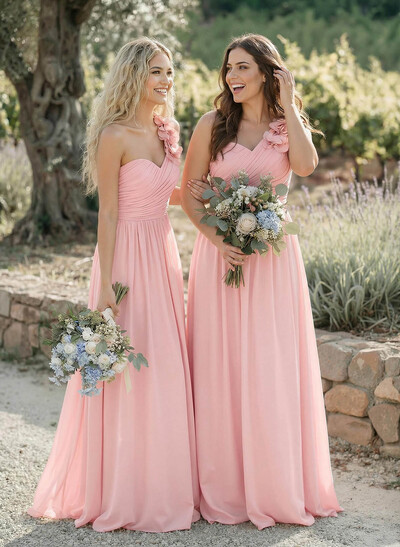 A-Line One-Shoulder Sweetheart Sleeveless Floor-Length Chiffon Bridesmaid Dresses With Flower