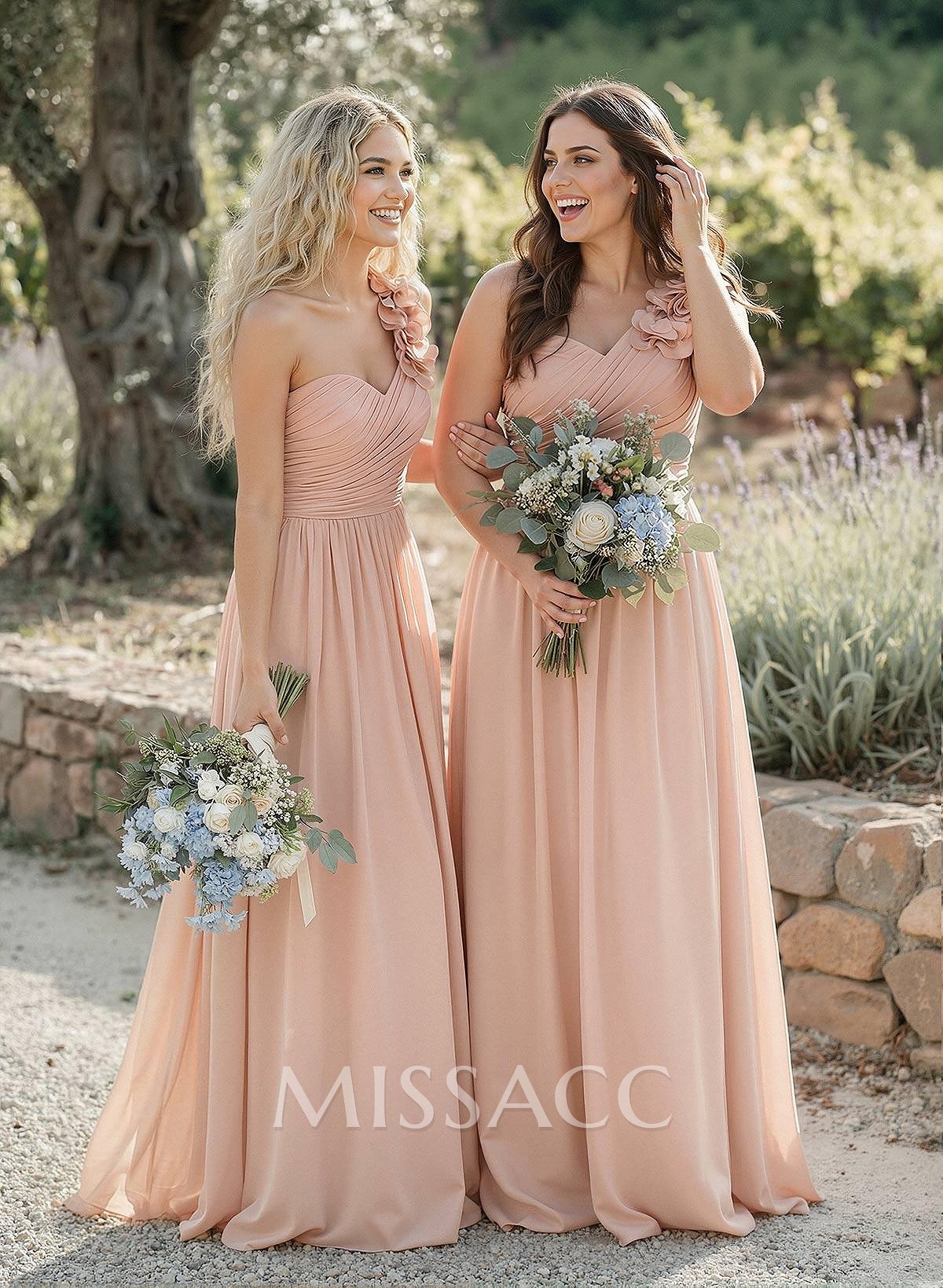 A-Line One-Shoulder Sweetheart Sleeveless Floor-Length Chiffon Bridesmaid Dresses With Flower A-Line One-Shoulder Sweetheart Sleeveless Floor-Length Chiffon Bridesmaid Dresses With Flower