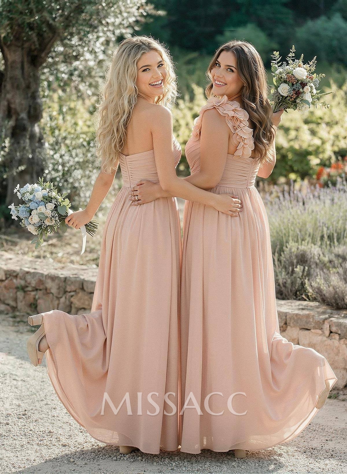 A-Line One-Shoulder Sweetheart Sleeveless Floor-Length Chiffon Bridesmaid Dresses With Flower A-Line One-Shoulder Sweetheart Sleeveless Floor-Length Chiffon Bridesmaid Dresses With Flower