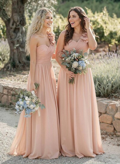 A-Line One-Shoulder Sweetheart Sleeveless Floor-Length Chiffon Bridesmaid Dresses With Flower