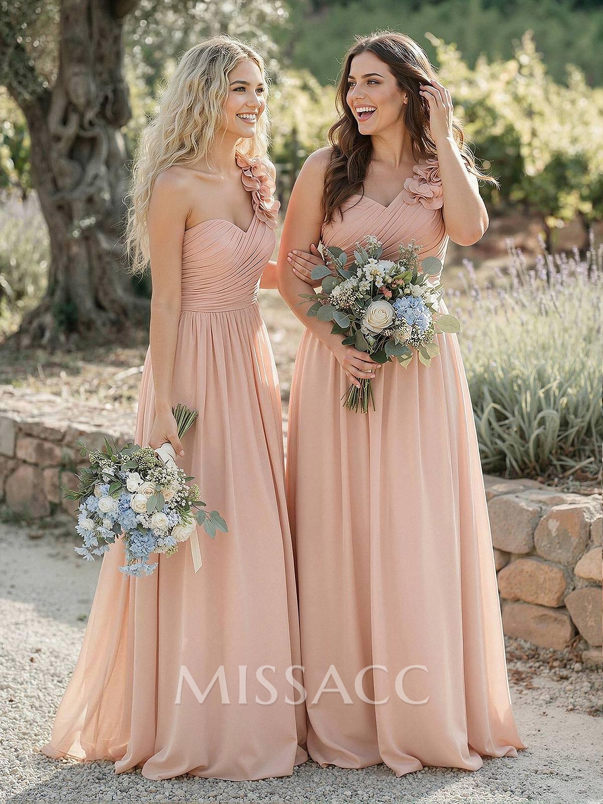 A-Line One-Shoulder Sweetheart Sleeveless Floor-Length Chiffon Bridesmaid Dresses With Flower A-Line One-Shoulder Sweetheart Sleeveless Floor-Length Chiffon Bridesmaid Dresses With Flower