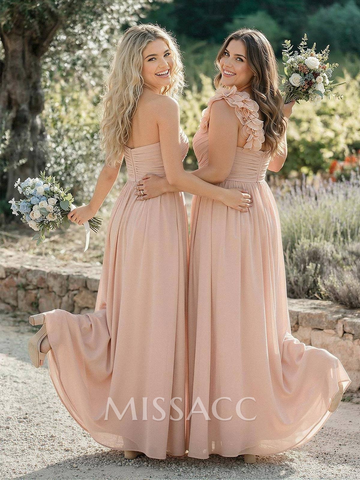 A-Line One-Shoulder Sweetheart Sleeveless Floor-Length Chiffon Bridesmaid Dresses With Flower A-Line One-Shoulder Sweetheart Sleeveless Floor-Length Chiffon Bridesmaid Dresses With Flower