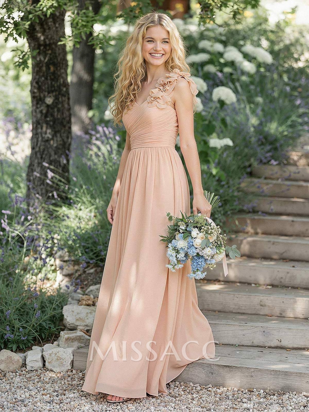 A-Line One-Shoulder Sweetheart Sleeveless Floor-Length Chiffon Bridesmaid Dresses With Flower A-Line One-Shoulder Sweetheart Sleeveless Floor-Length Chiffon Bridesmaid Dresses With Flower