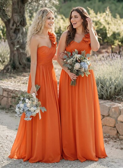 A-Line One-Shoulder Sweetheart Sleeveless Floor-Length Chiffon Bridesmaid Dresses With Flower