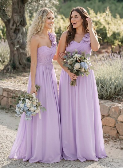 A-Line One-Shoulder Sweetheart Sleeveless Floor-Length Chiffon Bridesmaid Dresses With Flower