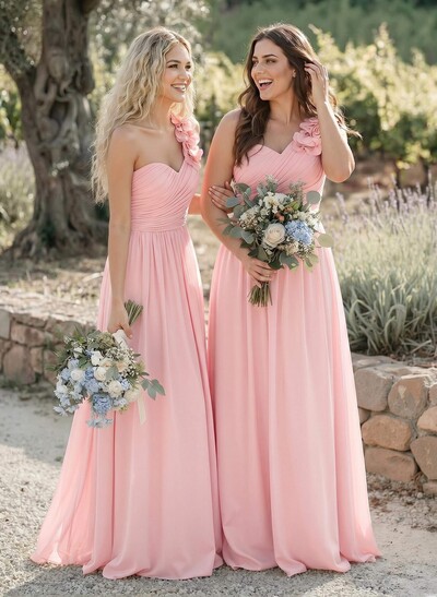 A-Line One-Shoulder Sweetheart Sleeveless Floor-Length Chiffon Bridesmaid Dresses With Flower
