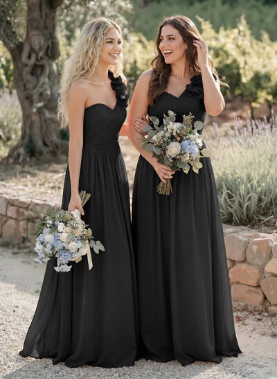 A-Line One-Shoulder Sweetheart Sleeveless Floor-Length Chiffon Bridesmaid Dresses With Flower