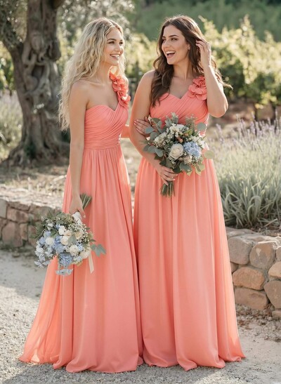 A-Line One-Shoulder Sweetheart Sleeveless Floor-Length Chiffon Bridesmaid Dresses With Flower