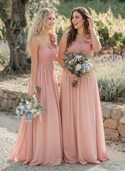 A-Line One-Shoulder Sweetheart Sleeveless Floor-Length Chiffon Bridesmaid Dresses With Flower