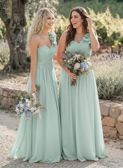 A-Line One-Shoulder Sweetheart Sleeveless Floor-Length Chiffon Bridesmaid Dresses With Flower
