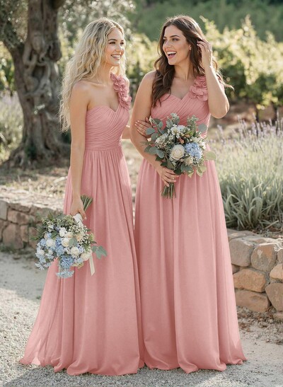 A-Line One-Shoulder Sweetheart Sleeveless Floor-Length Chiffon Bridesmaid Dresses With Flower