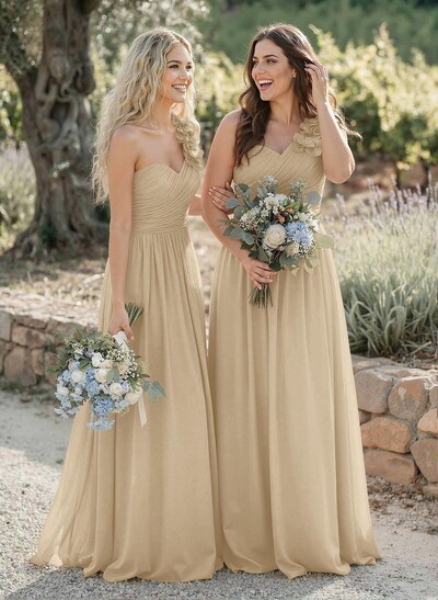 A-Line One-Shoulder Sweetheart Sleeveless Floor-Length Chiffon Bridesmaid Dresses With Flower