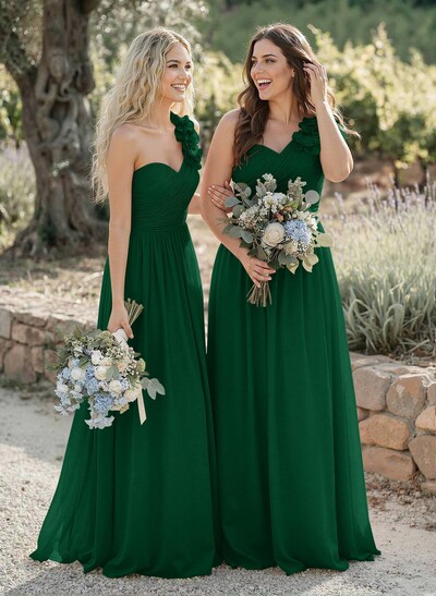 A-Line One-Shoulder Sweetheart Sleeveless Floor-Length Chiffon Bridesmaid Dresses With Flower