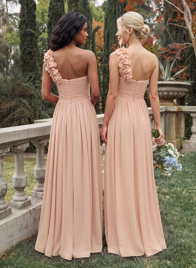 A-Line One-Shoulder Sweetheart Sleeveless Floor-Length Chiffon Bridesmaid Dresses With Flower