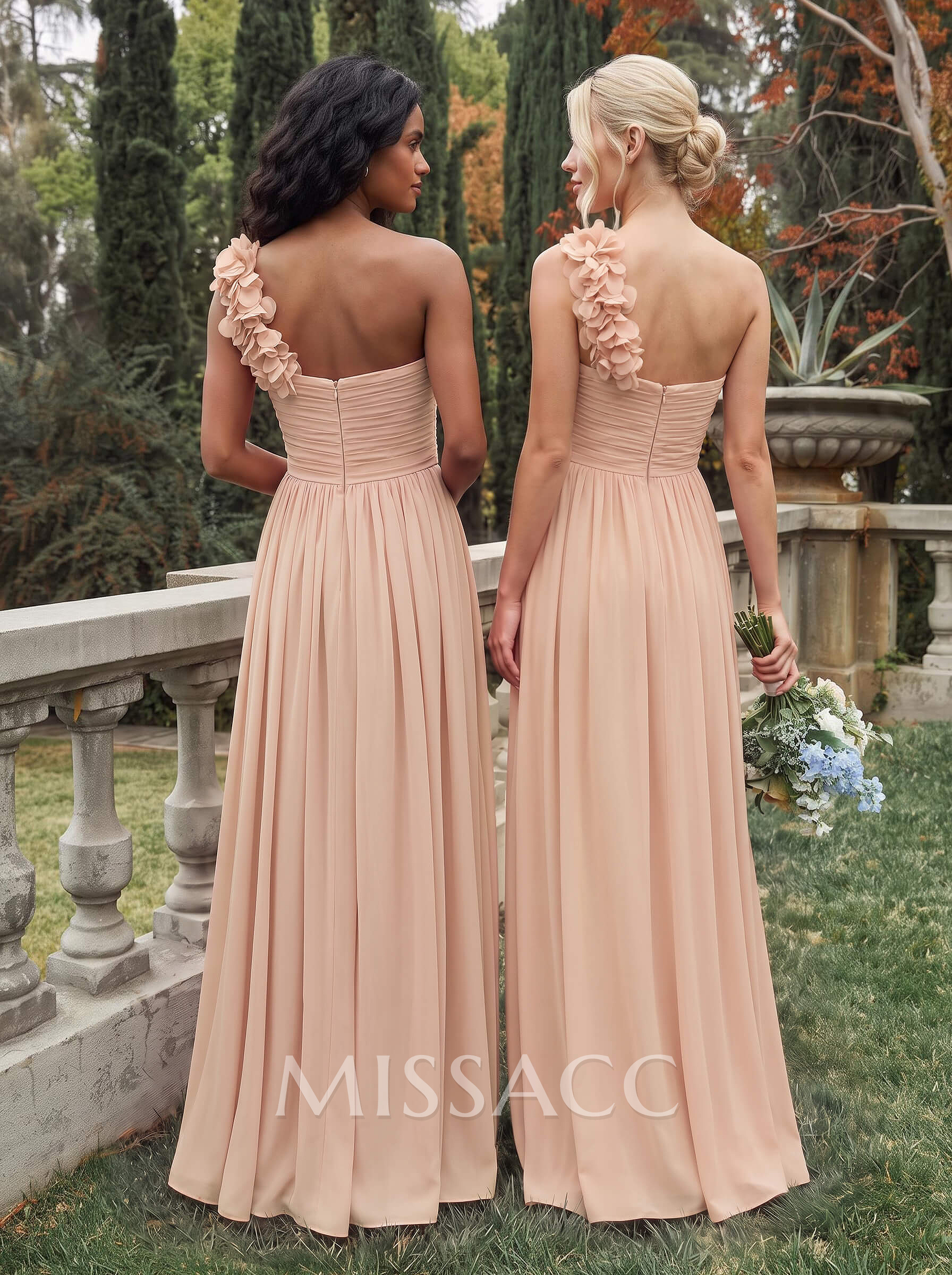 A-Line One-Shoulder Sweetheart Sleeveless Floor-Length Chiffon Bridesmaid Dresses With Flower A-Line One-Shoulder Sweetheart Sleeveless Floor-Length Chiffon Bridesmaid Dresses With Flower