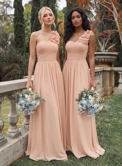 A-Line One-Shoulder Sweetheart Sleeveless Floor-Length Chiffon Bridesmaid Dresses With Flower
