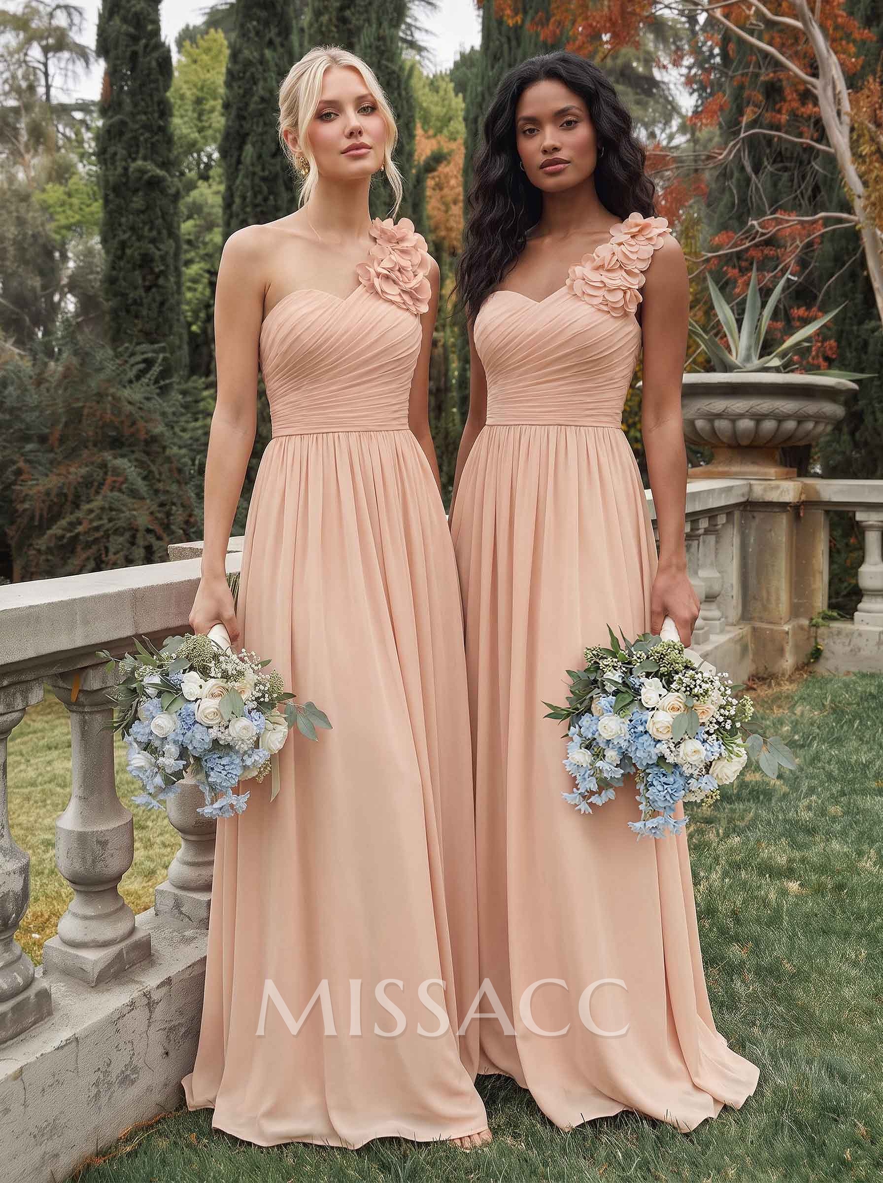 A-Line One-Shoulder Sweetheart Sleeveless Floor-Length Chiffon Bridesmaid Dresses With Flower A-Line One-Shoulder Sweetheart Sleeveless Floor-Length Chiffon Bridesmaid Dresses With Flower