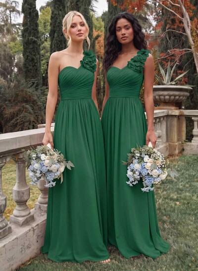 A-Line One-Shoulder Sweetheart Sleeveless Floor-Length Chiffon Bridesmaid Dresses With Flower