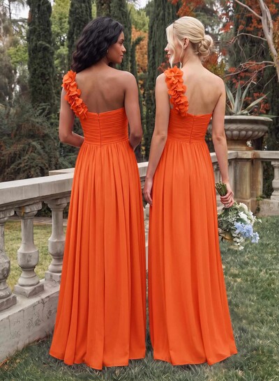 A-Line One-Shoulder Sweetheart Sleeveless Floor-Length Chiffon Bridesmaid Dresses With Flower