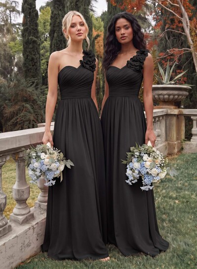 A-Line One-Shoulder Sweetheart Sleeveless Floor-Length Chiffon Bridesmaid Dresses With Flower