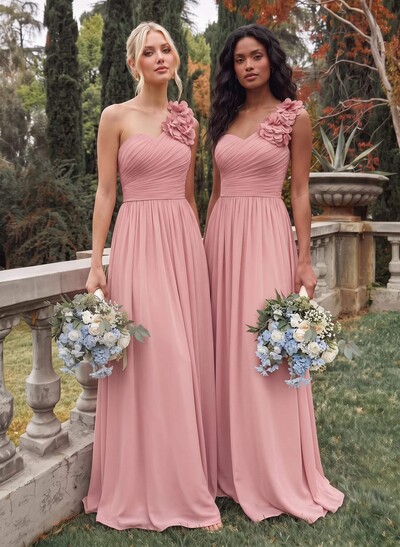 A-Line One-Shoulder Sweetheart Sleeveless Floor-Length Chiffon Bridesmaid Dresses With Flower