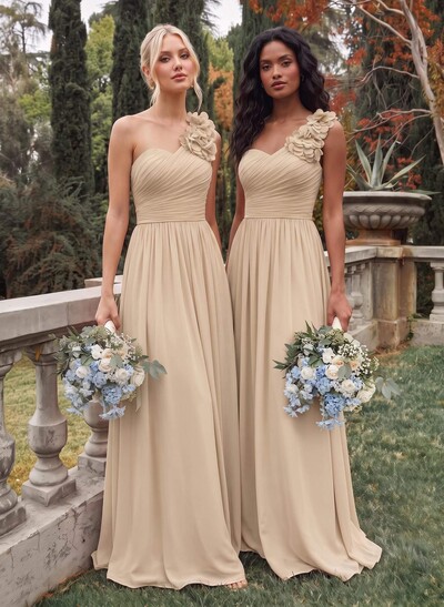 A-Line One-Shoulder Sweetheart Sleeveless Floor-Length Chiffon Bridesmaid Dresses With Flower