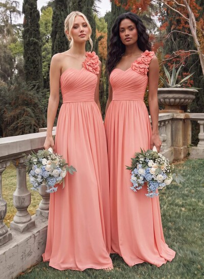 A-Line One-Shoulder Sweetheart Sleeveless Floor-Length Chiffon Bridesmaid Dresses With Flower