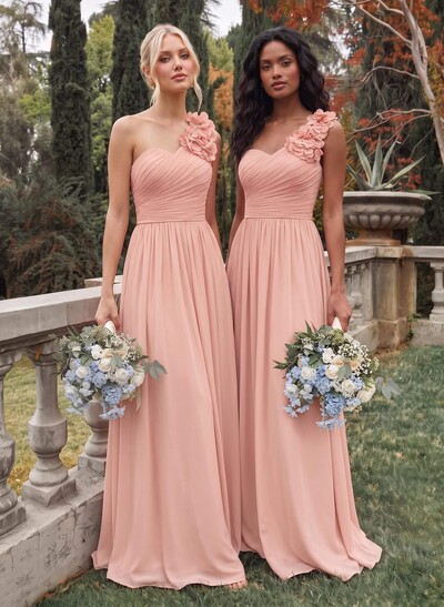 A-Line One-Shoulder Sweetheart Sleeveless Floor-Length Chiffon Bridesmaid Dresses With Flower