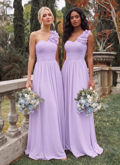 A-Line One-Shoulder Sweetheart Sleeveless Floor-Length Chiffon Bridesmaid Dresses With Flower