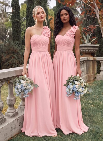 A-Line One-Shoulder Sweetheart Sleeveless Floor-Length Chiffon Bridesmaid Dresses With Flower