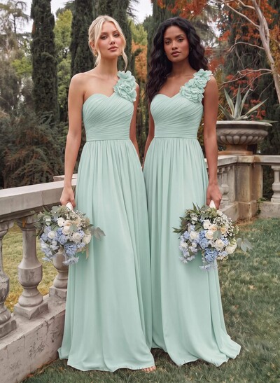 A-Line One-Shoulder Sweetheart Sleeveless Floor-Length Chiffon Bridesmaid Dresses With Flower