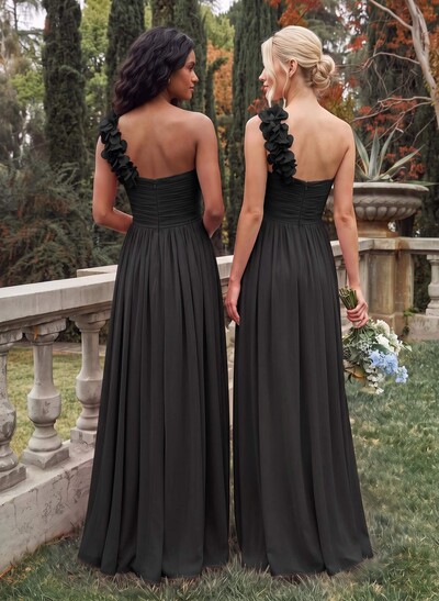 A-Line One-Shoulder Sweetheart Sleeveless Floor-Length Chiffon Bridesmaid Dresses With Flower