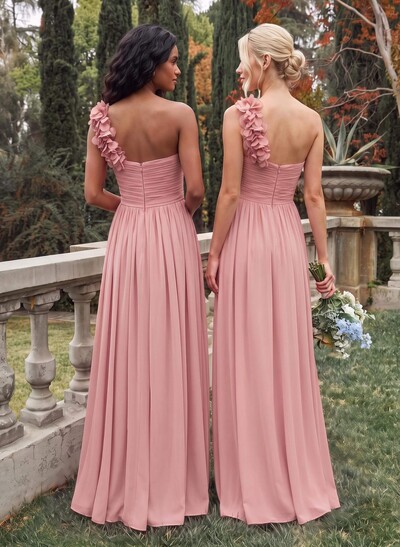 A-Line One-Shoulder Sweetheart Sleeveless Floor-Length Chiffon Bridesmaid Dresses With Flower