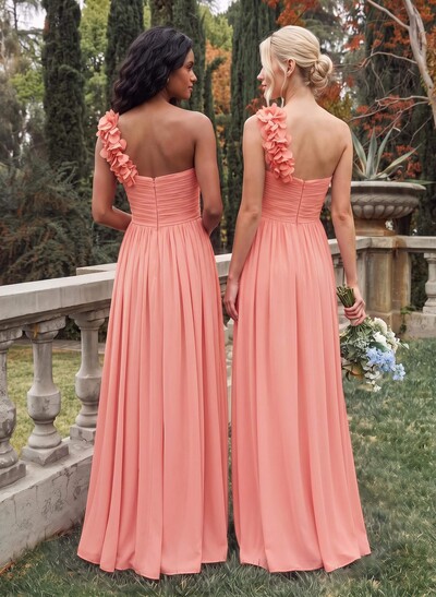 A-Line One-Shoulder Sweetheart Sleeveless Floor-Length Chiffon Bridesmaid Dresses With Flower