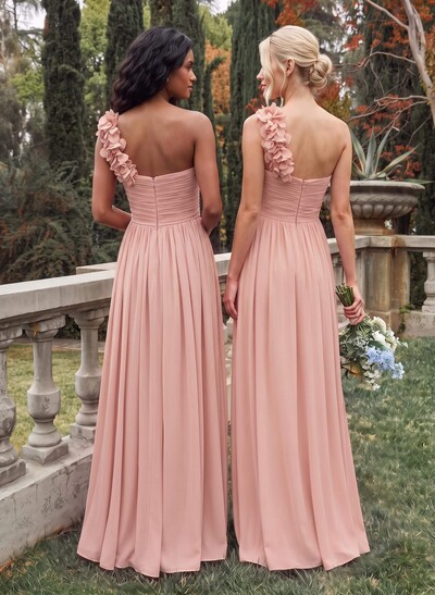 A-Line One-Shoulder Sweetheart Sleeveless Floor-Length Chiffon Bridesmaid Dresses With Flower