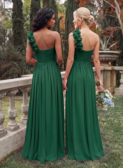 A-Line One-Shoulder Sweetheart Sleeveless Floor-Length Chiffon Bridesmaid Dresses With Flower