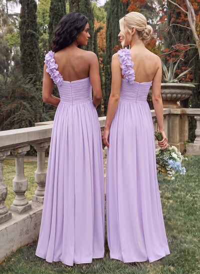 A-Line One-Shoulder Sweetheart Sleeveless Floor-Length Chiffon Bridesmaid Dresses With Flower