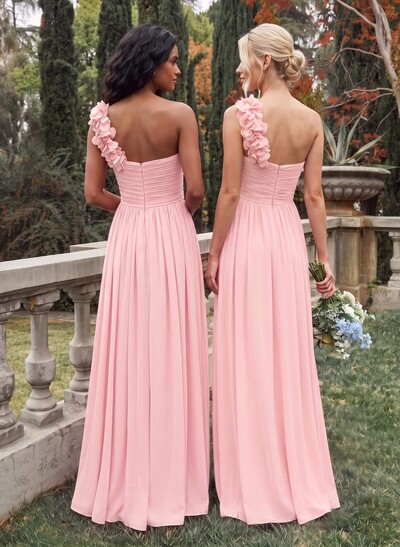A-Line One-Shoulder Sweetheart Sleeveless Floor-Length Chiffon Bridesmaid Dresses With Flower