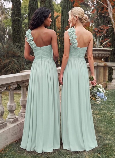 A-Line One-Shoulder Sweetheart Sleeveless Floor-Length Chiffon Bridesmaid Dresses With Flower