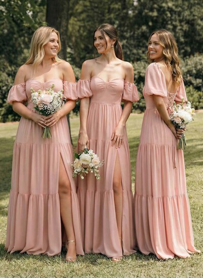 A-Line Sweetheart Detachable Sleeves Floor-Length Chiffon Bridesmaid Dresses With Split Front Bow Tiered