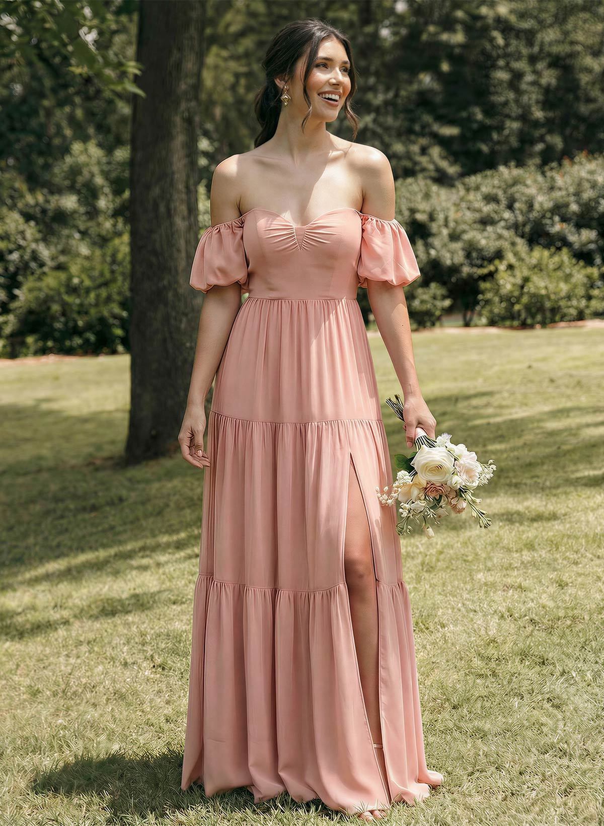 A-Line Sweetheart Detachable Sleeves Floor-Length Chiffon Bridesmaid Dresses With Split Front Bow Tiered