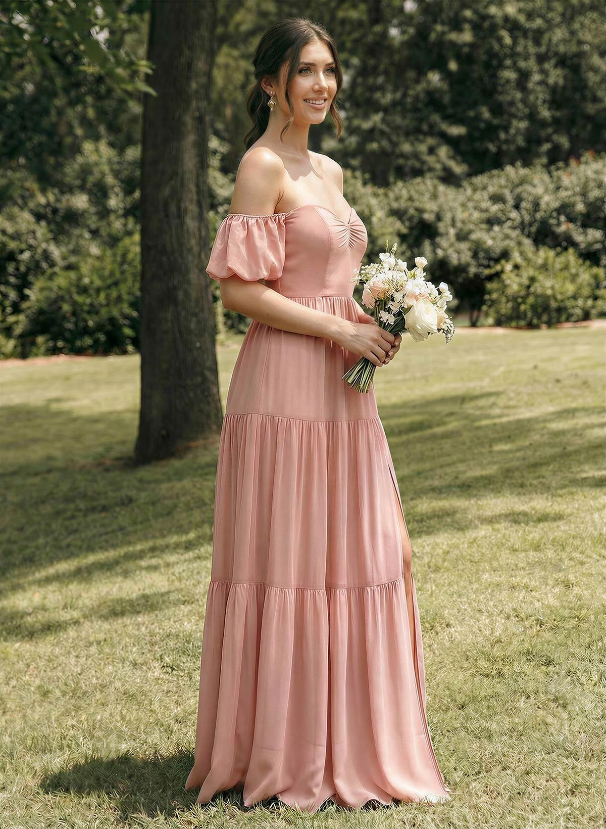 A-Line Sweetheart Detachable Sleeves Floor-Length Chiffon Bridesmaid Dresses With Split Front Bow Tiered