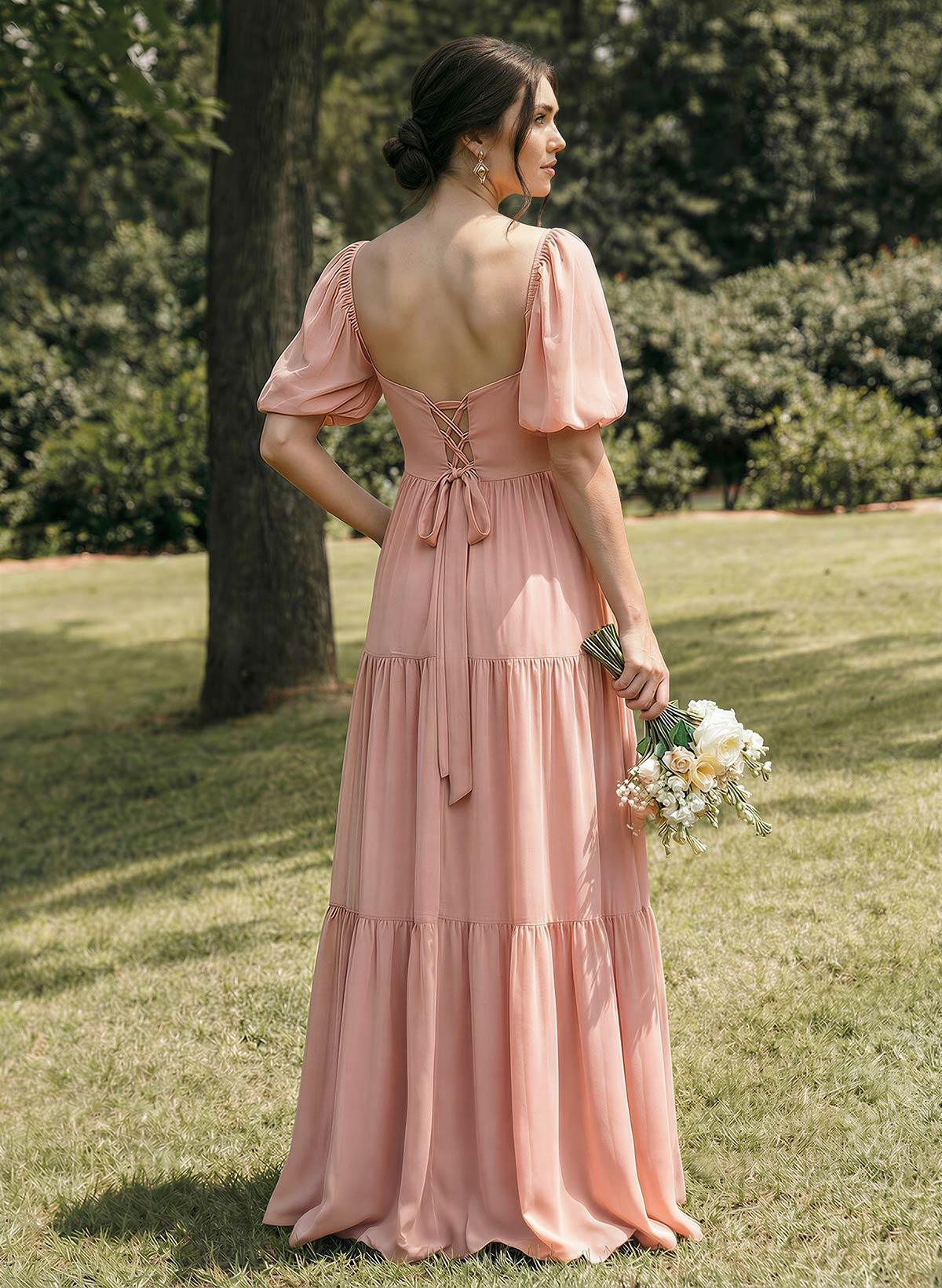 A-Line Sweetheart Detachable Sleeves Floor-Length Chiffon Bridesmaid Dresses With Split Front Bow Tiered