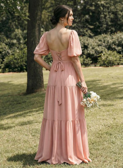 A-Line Sweetheart Detachable Sleeves Floor-Length Chiffon Bridesmaid Dresses With Split Front Bow Tiered