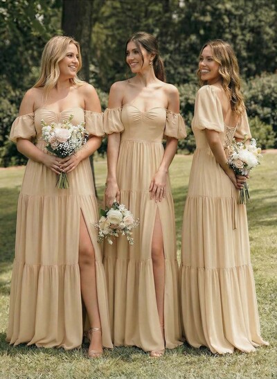 A-Line Sweetheart Detachable Sleeves Floor-Length Chiffon Bridesmaid Dresses With Split Front Bow Tiered