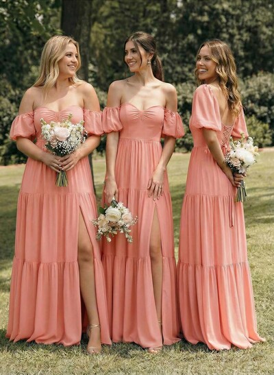 A-Line Sweetheart Detachable Sleeves Floor-Length Chiffon Bridesmaid Dresses With Split Front Bow Tiered