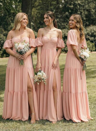 A-Line Sweetheart Detachable Sleeves Floor-Length Chiffon Bridesmaid Dresses With Split Front Bow Tiered