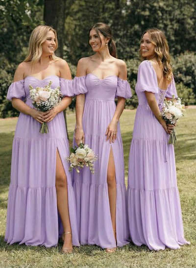 A-Line Sweetheart Detachable Sleeves Floor-Length Chiffon Bridesmaid Dresses With Split Front Bow Tiered